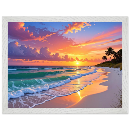 Beach scene with sunset, palm trees, and ocean waves in a white frame.