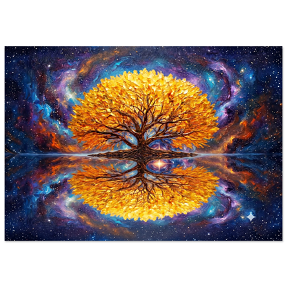 High-end canvas art featuring a vibrant golden tree with a perfect horizontal mirror reflection, set against a deep space cosmic nebula background with blue, purple, and orange stardust.