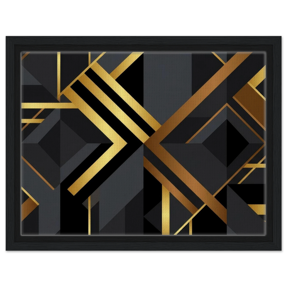 Framed abstract geometric wall art featuring bold black and metallic gold intersecting lines, triangles, and angular shapes, presented in a black frame against a light gray background.