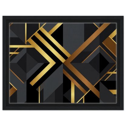 Framed abstract geometric wall art featuring bold black and metallic gold intersecting lines, triangles, and angular shapes, presented in a black frame against a light gray background.
