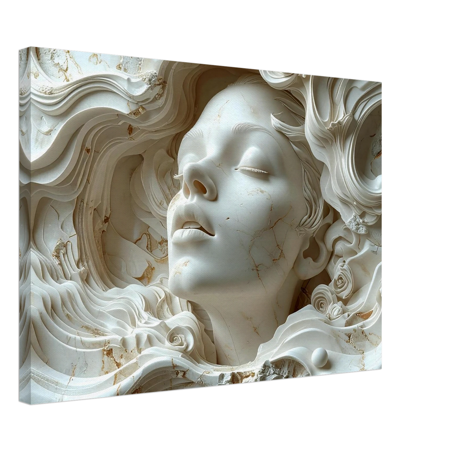 Marble sculpture of a face with flowing hair on a white background