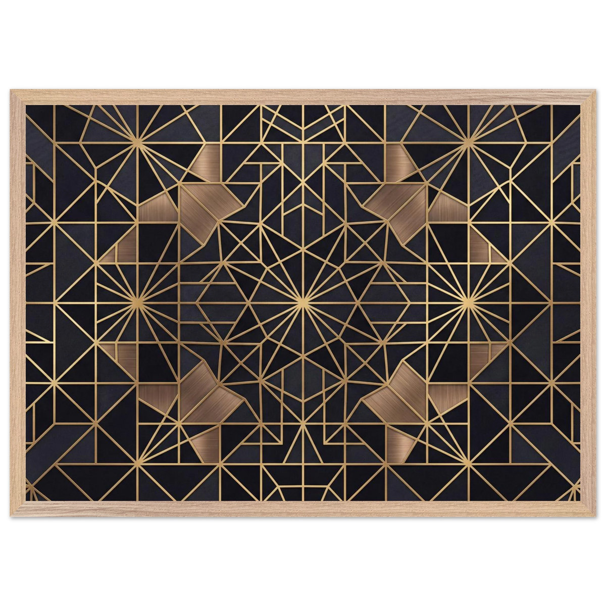 The Obsidian Art Deco geometric wooden framed poster in natural wood frame