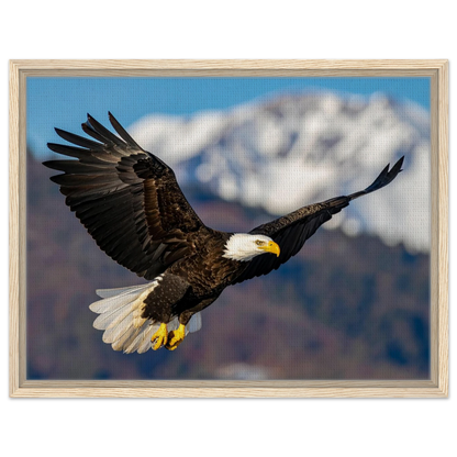 Majestic Soaring Bald Eagle Mountain Wall Art framed canvas in natural wood frame