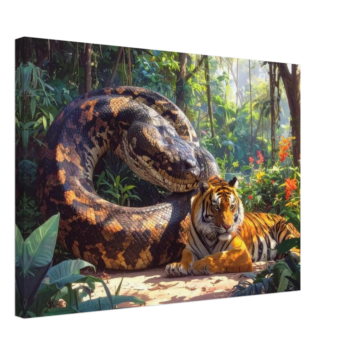 Canvas print of a tiger and python in a jungle setting