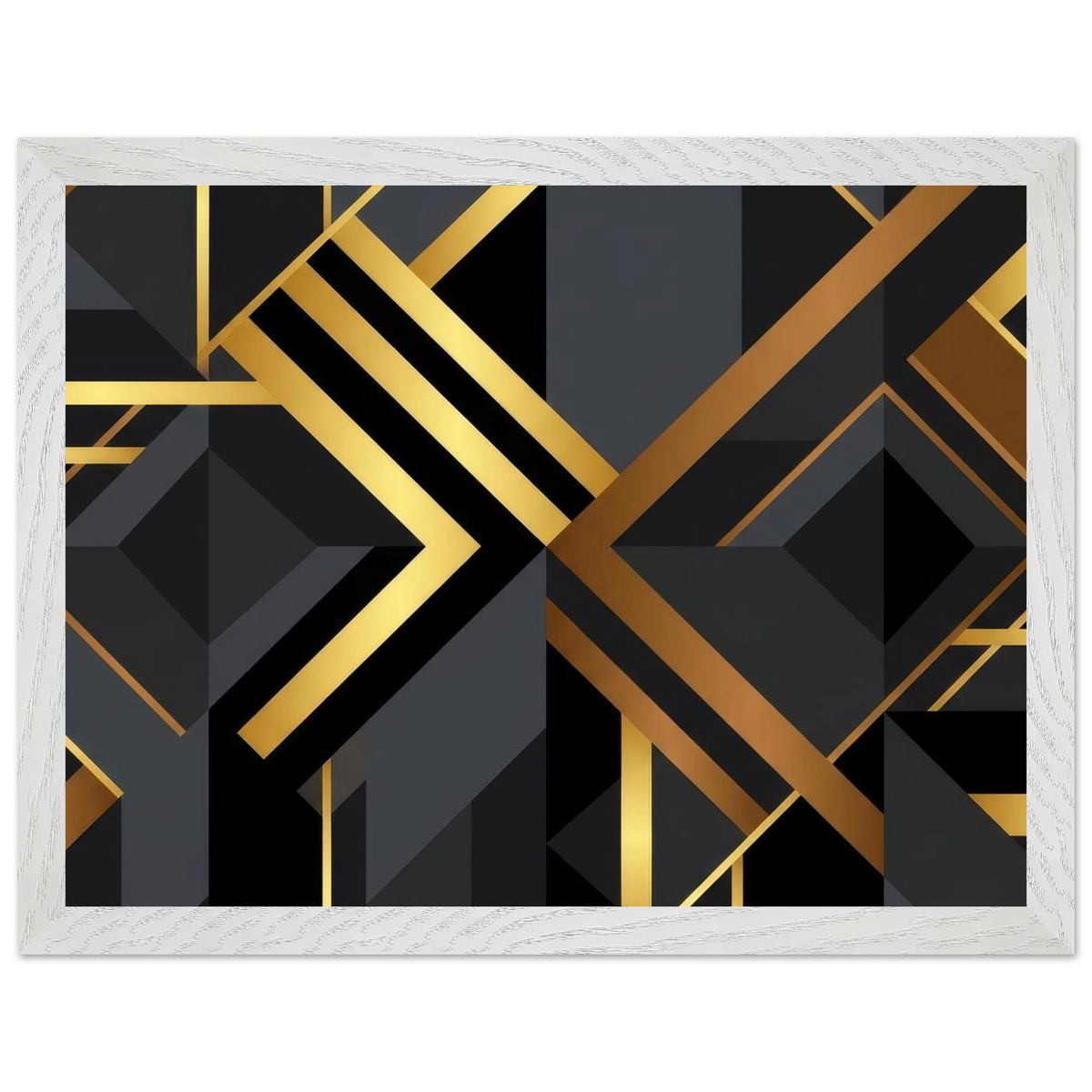 Abstract geometric wall art featuring a modern art deco design with black and dark gray shapes accented by metallic gold lines and diagonal bands, presented in a white textured frame.