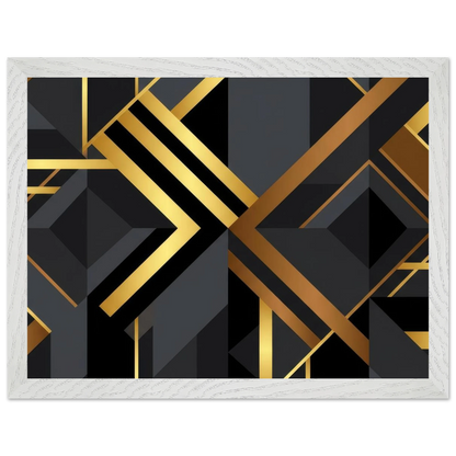 Abstract geometric wall art featuring a modern art deco design with black and dark gray shapes accented by metallic gold lines and diagonal bands, presented in a white textured frame.