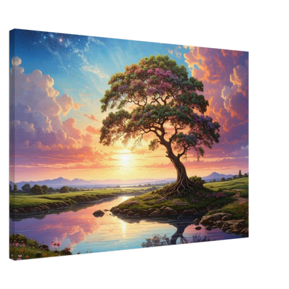 Canvas print of a tree by a river with a colorful sunset sky.