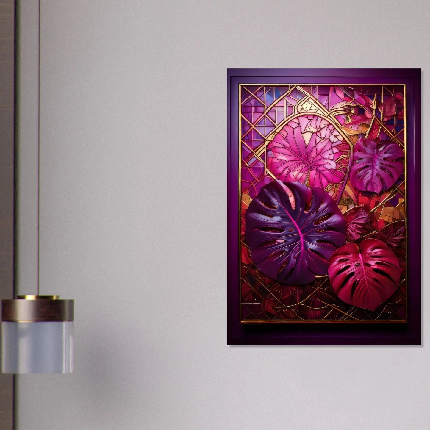 A vibrant stained-glass style illustration featuring large Monstera Deliciosa leaves in shades of magenta, deep purple, and bright red, framed by intricate golden geometric 