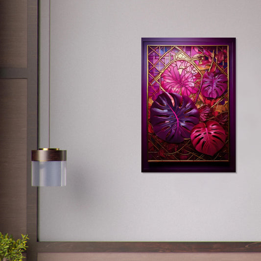A vibrant stained-glass style illustration featuring large Monstera Deliciosa leaves in shades of magenta, deep purple, and bright red, framed by intricate golden geometric 