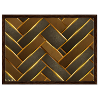 A framed decorative wall art piece featuring a geometric herringbone pattern in metallic bronze, gold, and dark brown tones, enclosed in a dark wood frame against a white background.