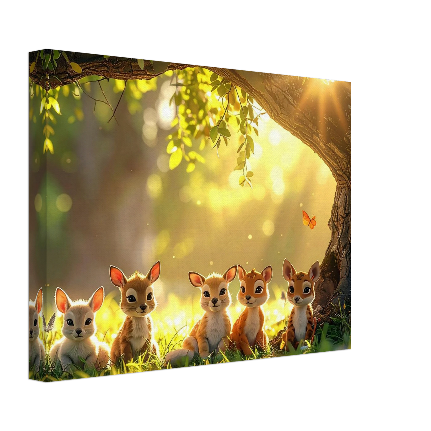 Canvas print of deer in a forest with sunlight filtering through the trees.