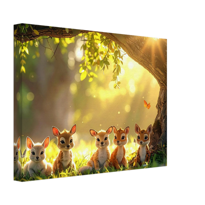 Canvas print of deer in a forest with sunlight filtering through the trees.