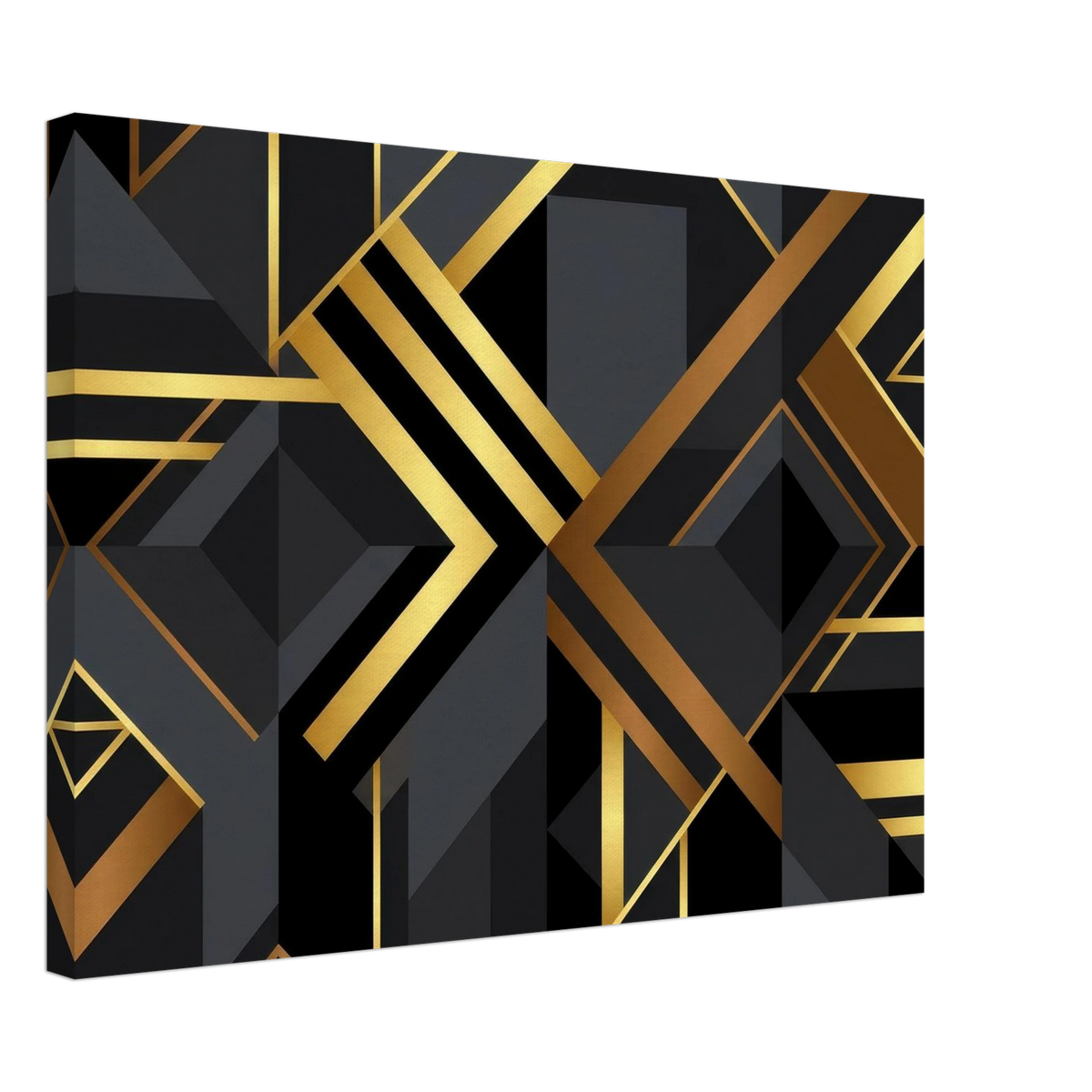 A square canvas wall art print featuring a modern geometric Art Deco design with black and gold abstract shapes, shown at an angle on a white background.