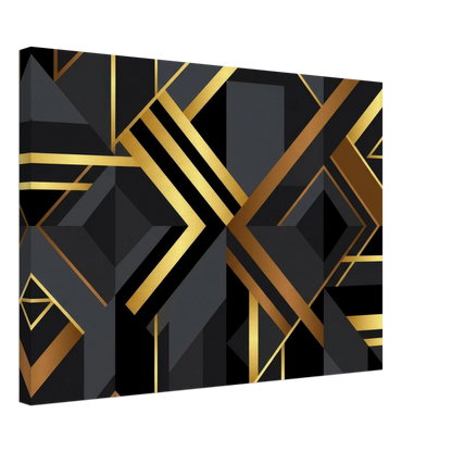 A square canvas wall art print featuring a modern geometric Art Deco design with black and gold abstract shapes, shown at an angle on a white background.