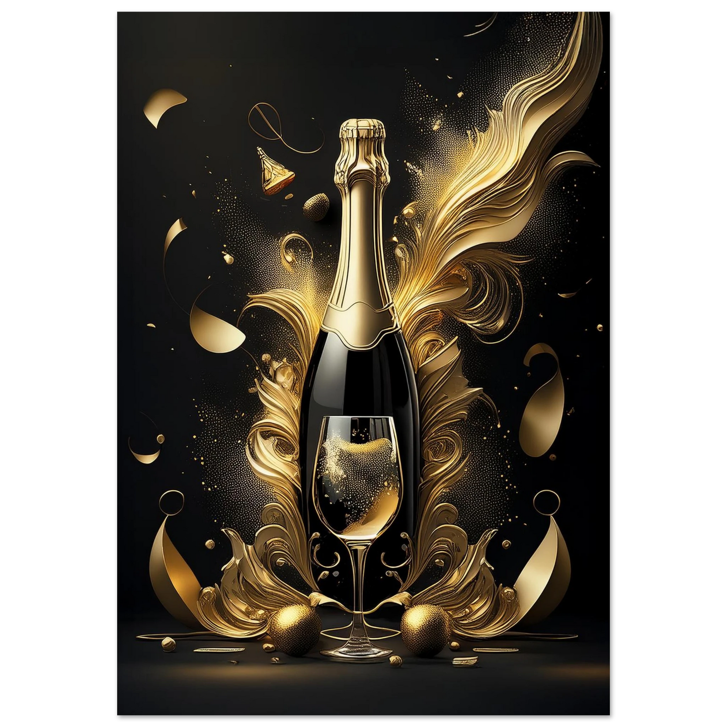 A festive champagne bottle and glass surrounded by exploding golden sparkles and glitz.

