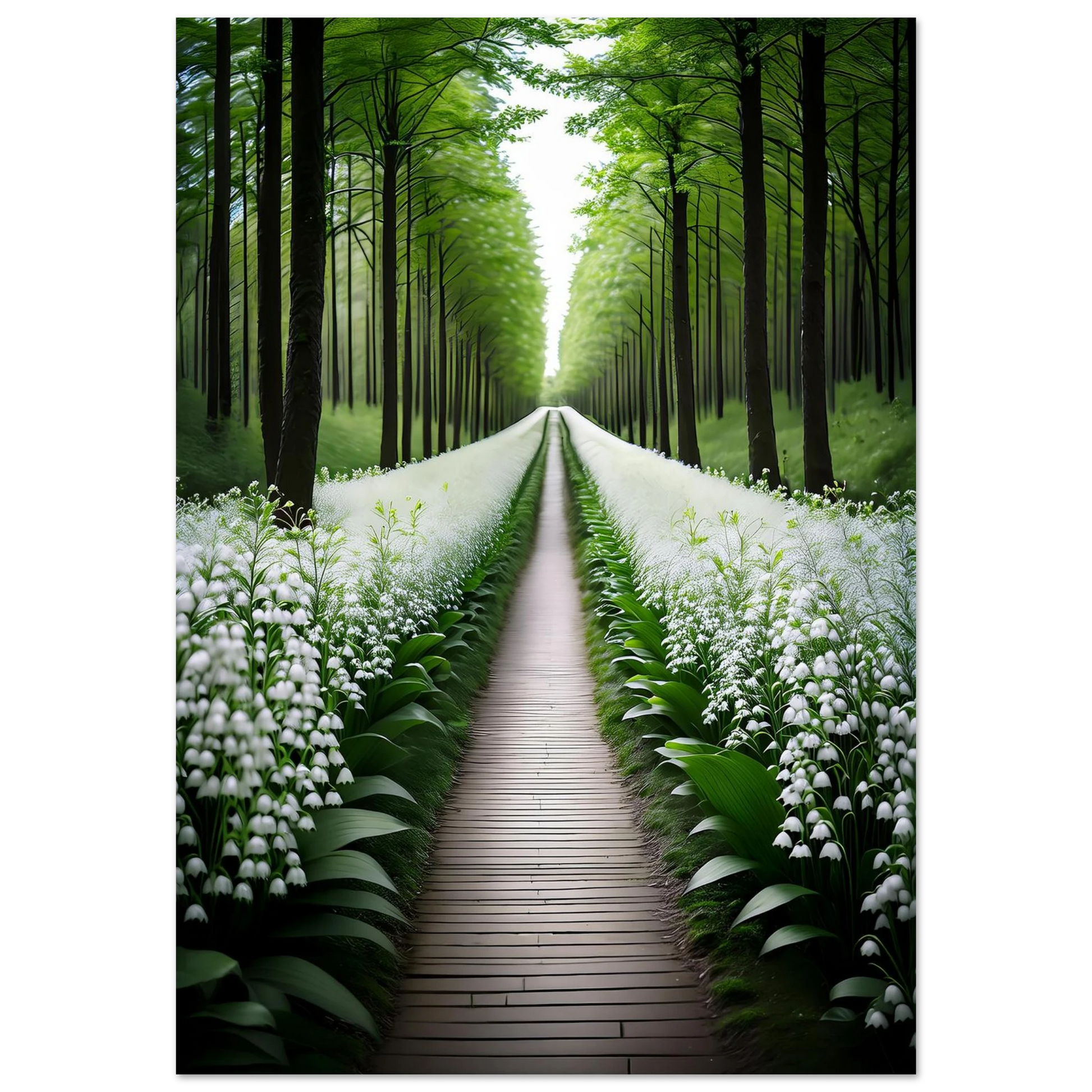 Wooden path flanked by white flowers and tall trees in a forest