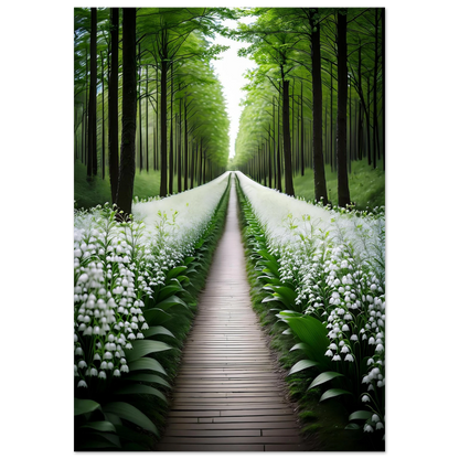 Wooden path flanked by white flowers and tall trees in a forest