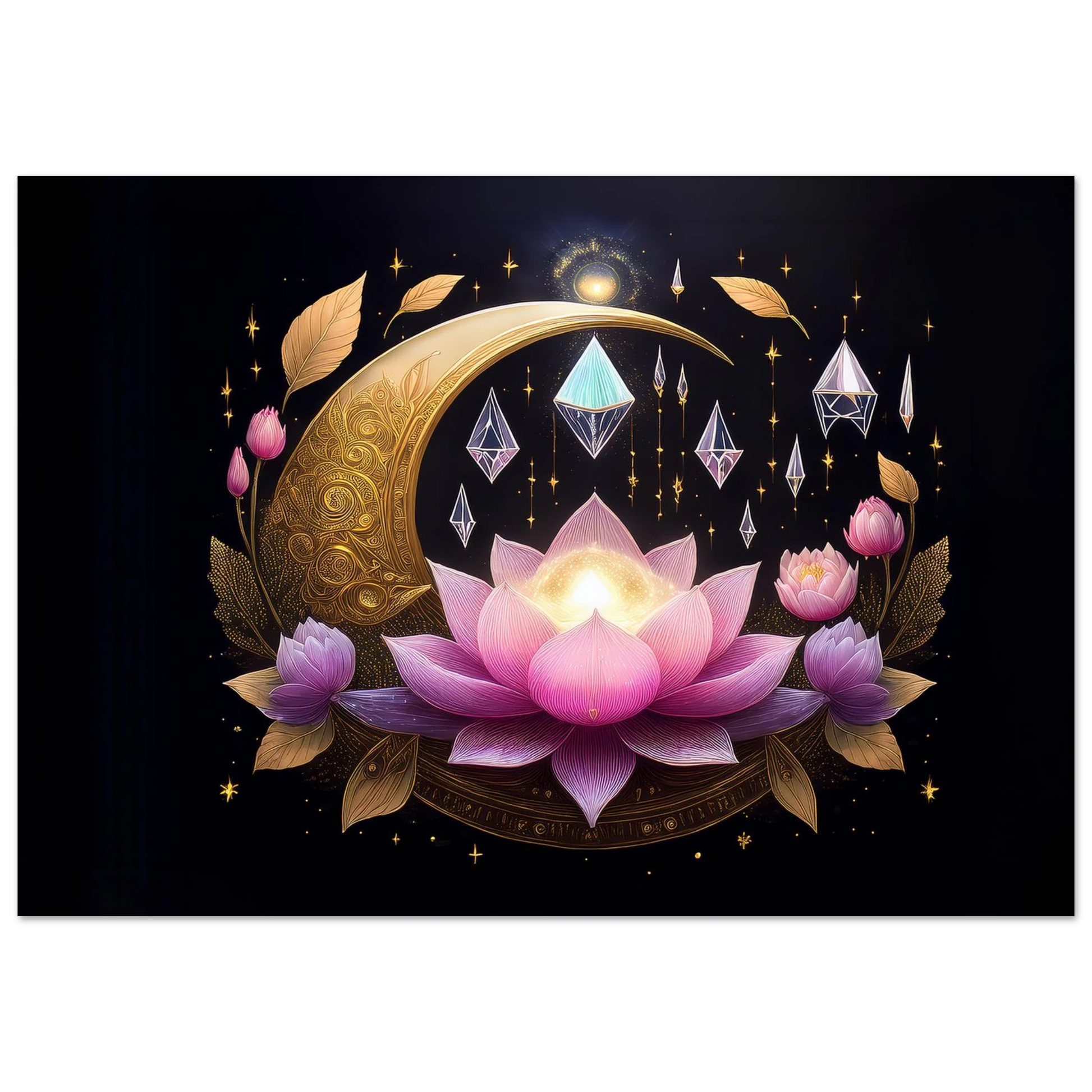Digital art of a gold filigree crescent moon with pink lotus flowers and hanging crystal pendants on a dark background.