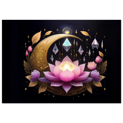 Digital art of a gold filigree crescent moon with pink lotus flowers and hanging crystal pendants on a dark background.
