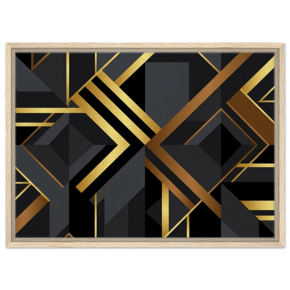Framed wall art featuring a modern geometric abstract design in black and metallic gold, set in a light natural wood frame against a white background.