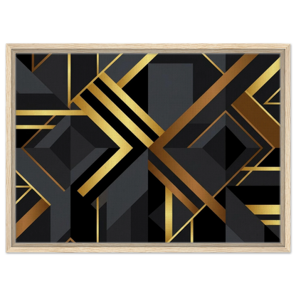 Framed wall art featuring a modern geometric abstract design in black and metallic gold, set in a light natural wood frame against a white background.