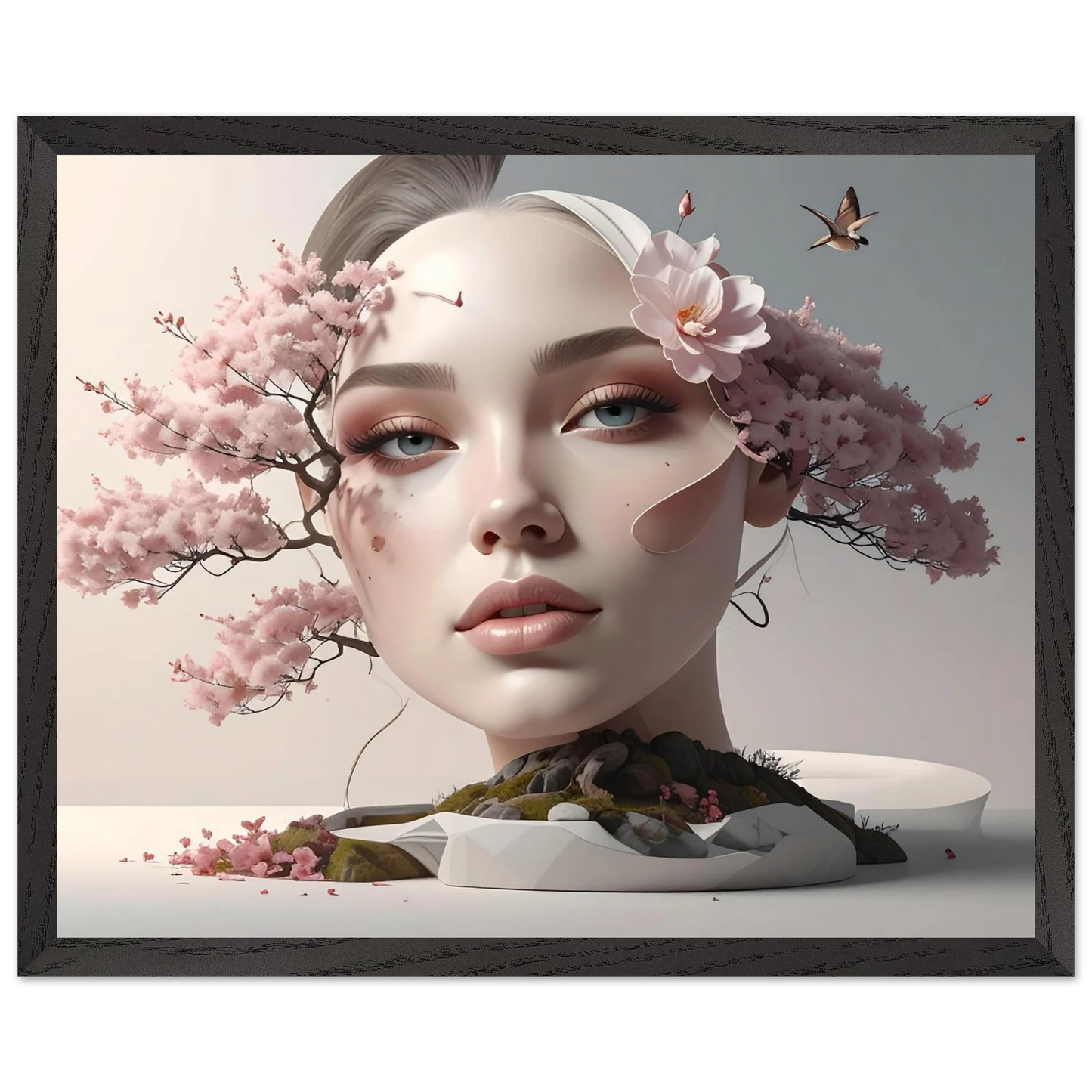 Framed artwork of a woman's face with cherry blossoms and birds in the background