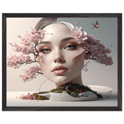 Framed artwork of a woman's face with cherry blossoms and birds in the background