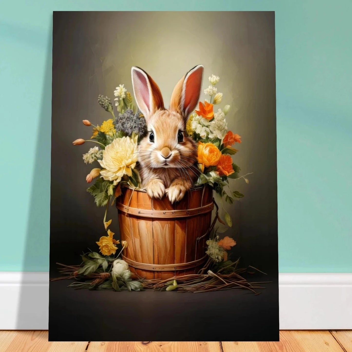 Digital art of a brown bunny in a wooden barrel filled with yellow and orange