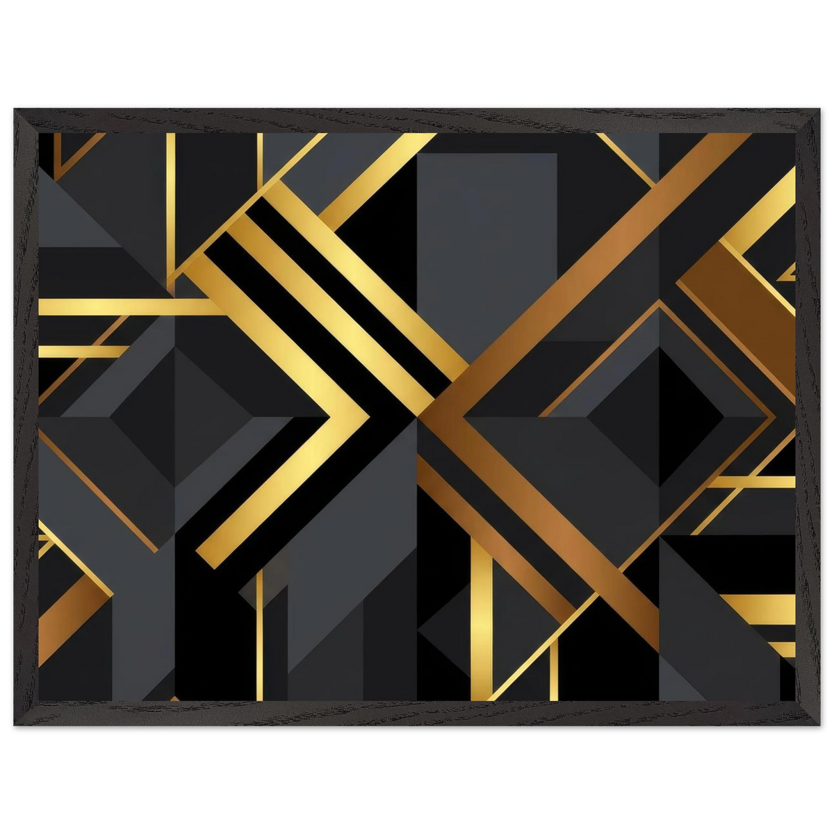 A framed abstract art print featuring a modern geometric design with black, dark gray, and metallic gold lines and shapes, set against a plain white background.