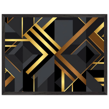A framed abstract art print featuring a modern geometric design with black, dark gray, and metallic gold lines and shapes, set against a plain white background.