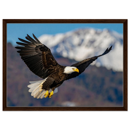 Majestic Soaring Bald Eagle Mountain Wall Art framed canvas in dark wood