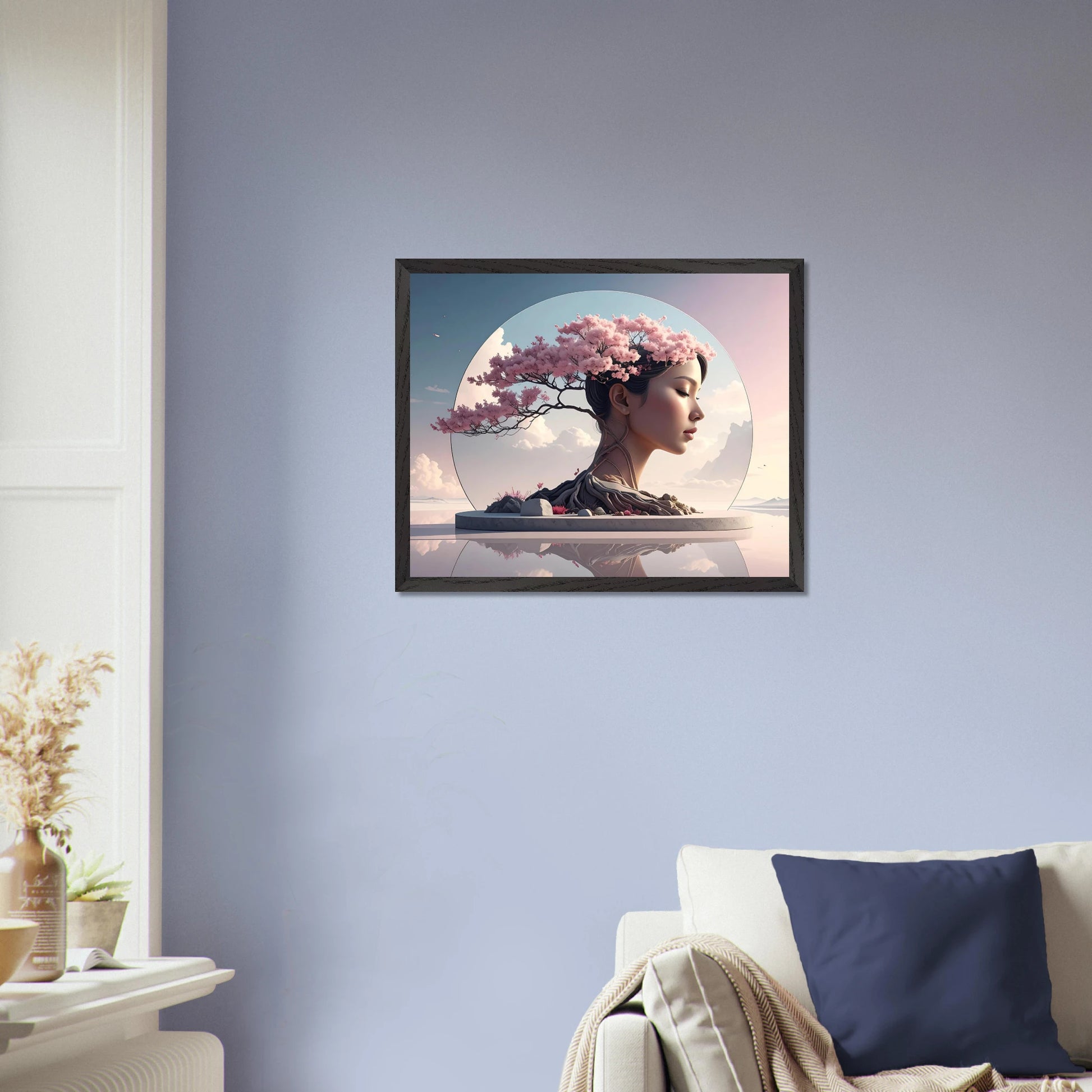 Framed artwork of a woman with cherry blossoms against a blue sky in a living room.