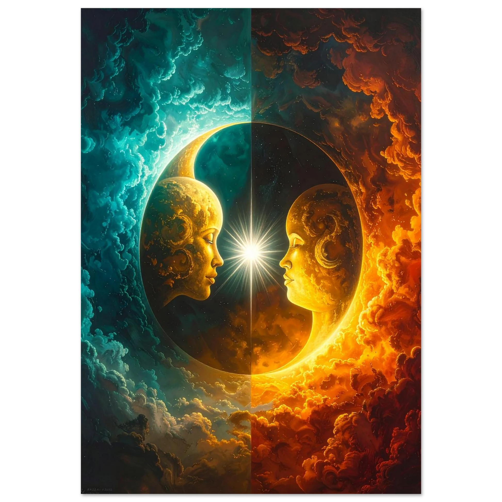 Visionary digital art showing two celestial faces in profile within a bright glowing circle, surrounded by orange and blue clouds.