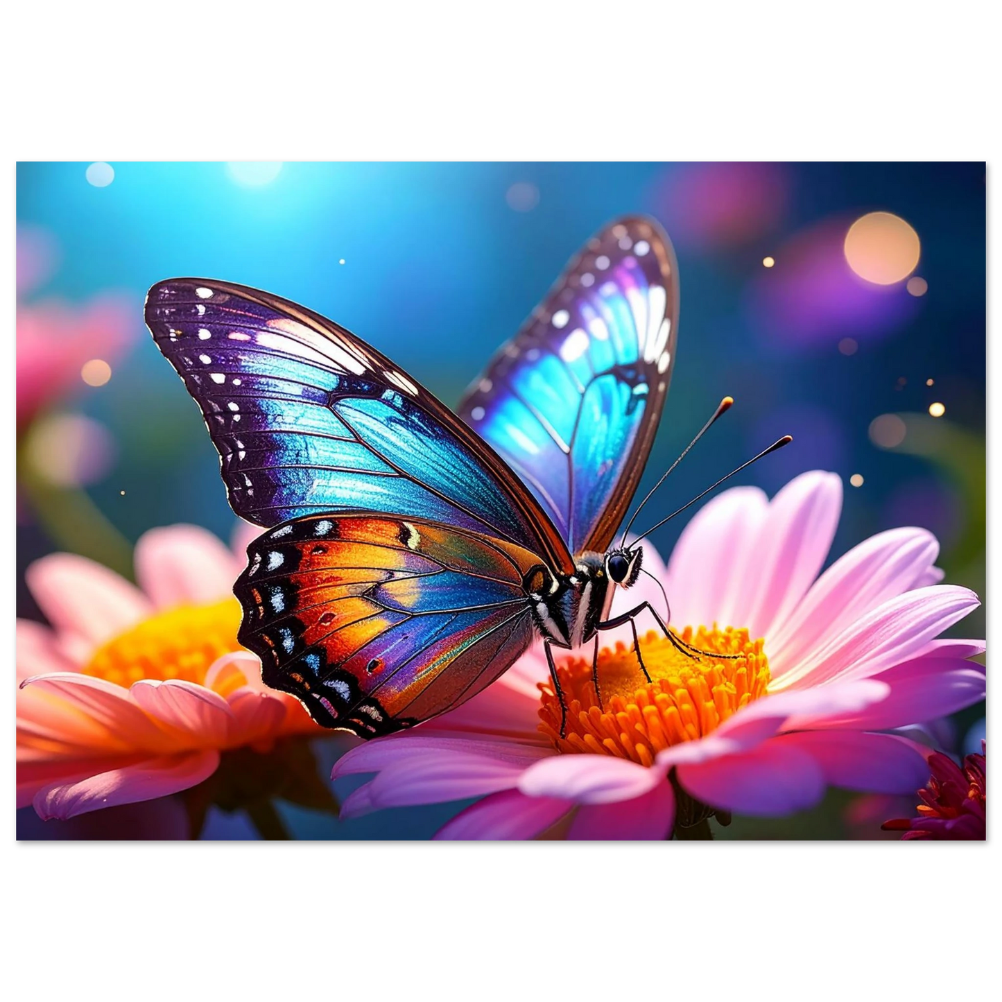 A realistic macro canvas print of a butterfly with detailed iridescent wings and vibrant colors.