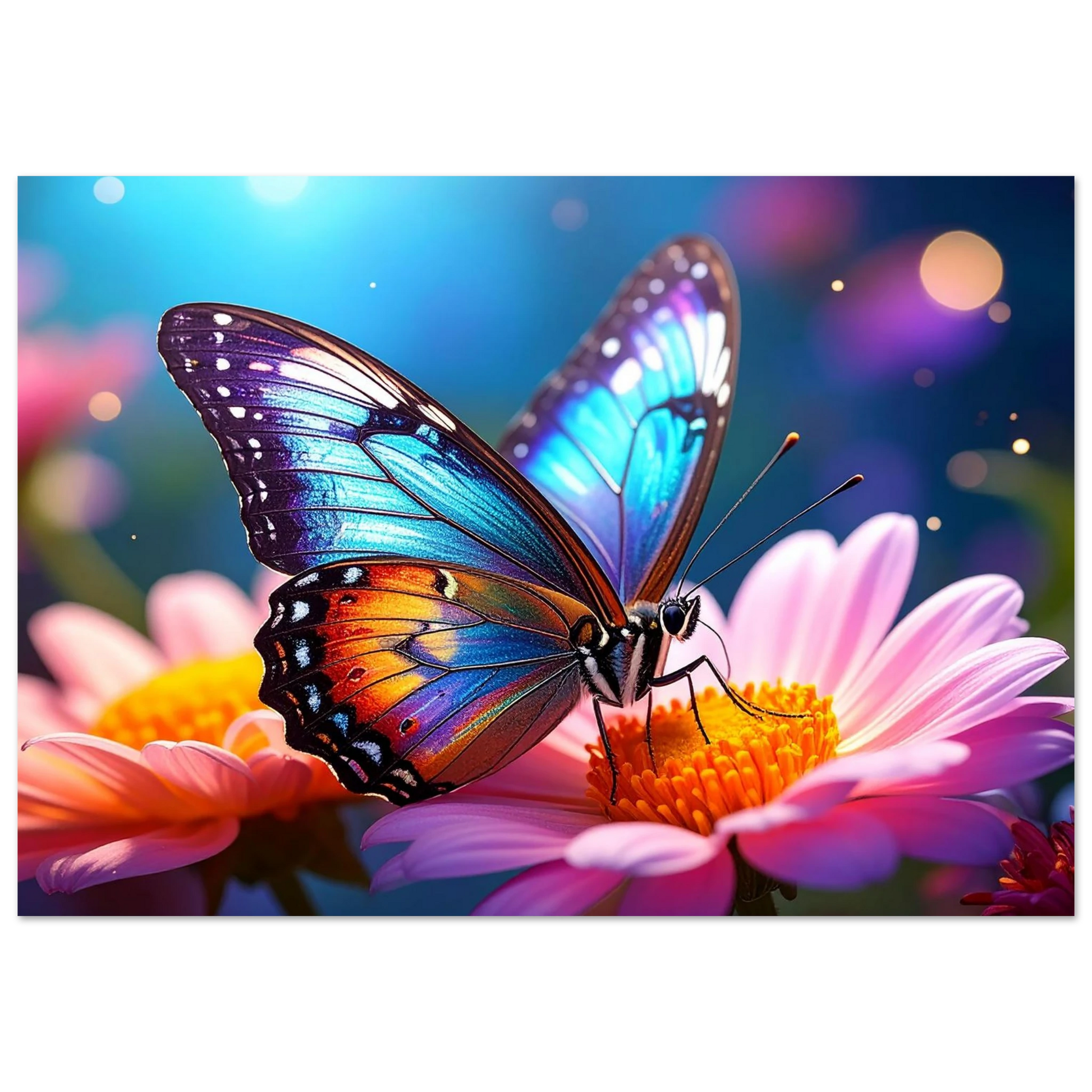 A realistic macro canvas print of a butterfly with detailed iridescent wings and vibrant colors.