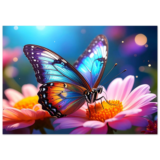 A realistic macro canvas print of a butterfly with detailed iridescent wings and vibrant colors.