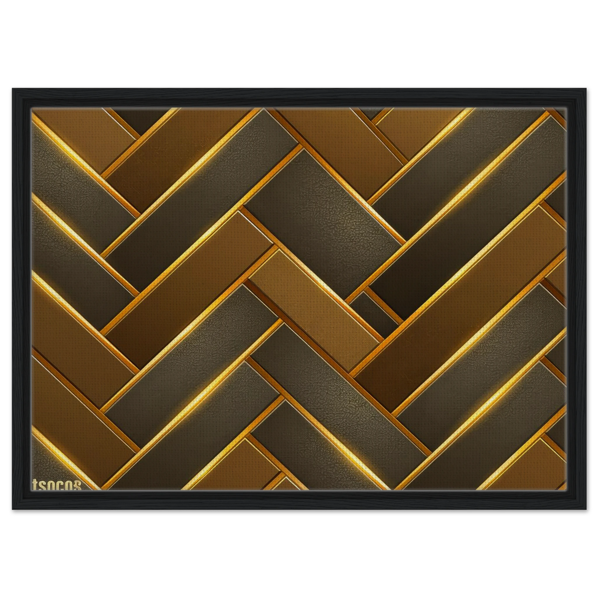 A framed wall art print featuring a geometric herringbone pattern in metallic bronze, brown, and gold tones, enclosed in a black frame against a white background.