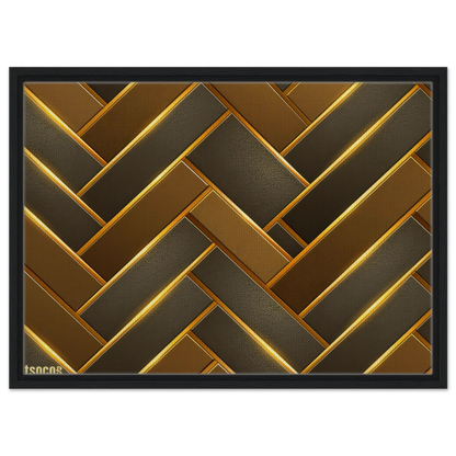 A framed wall art print featuring a geometric herringbone pattern in metallic bronze, brown, and gold tones, enclosed in a black frame against a white background.