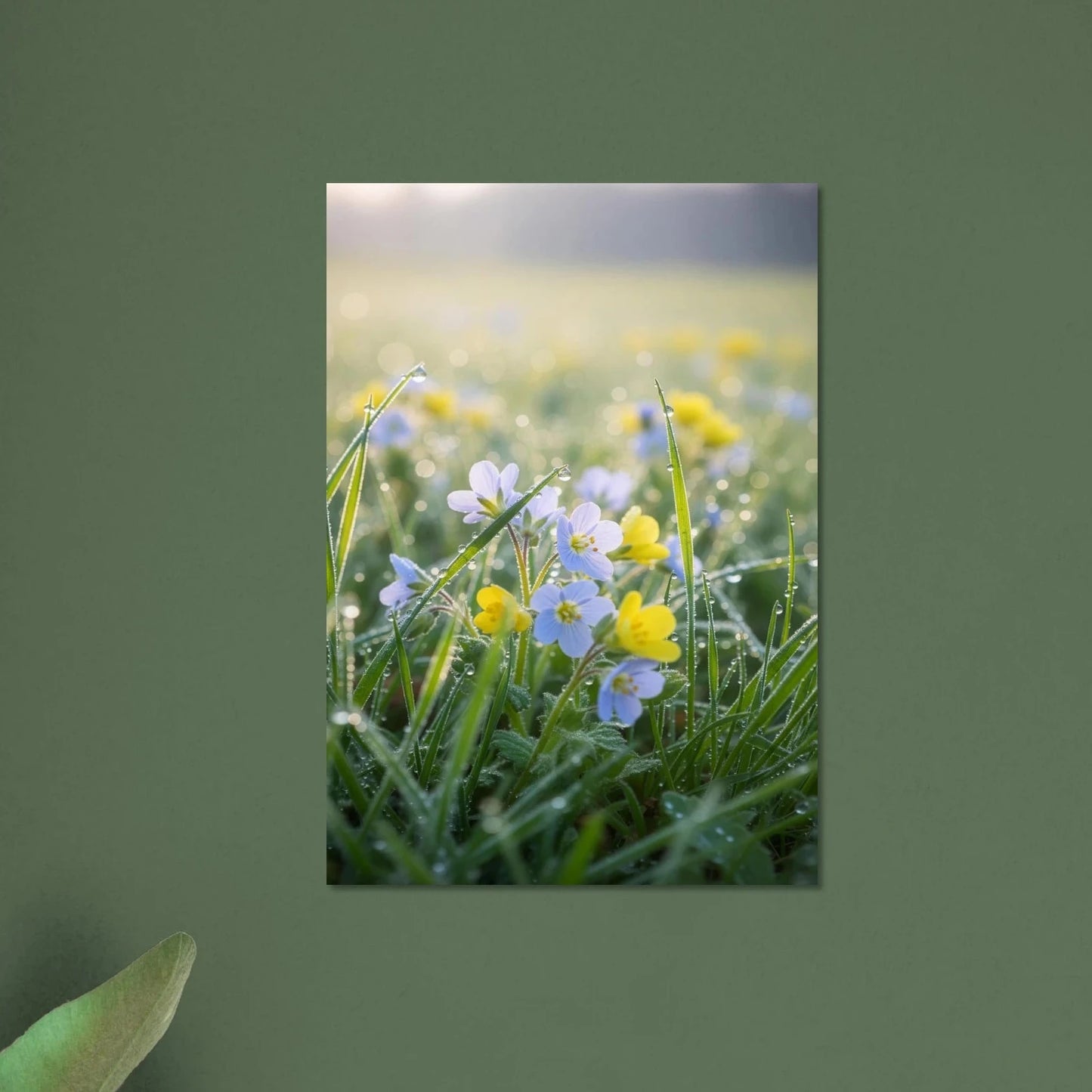 Close-up photography of fresh green meadow grass and purple lavender wildflowers covered in morning dewdrops with a soft bokeh sunrise background.