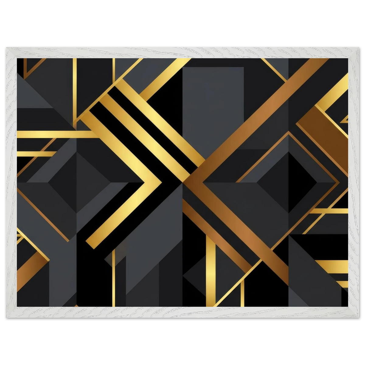 A rectangular abstract art print featuring a modern geometric design with black, dark gray, and metallic gold lines and shapes, framed by a white textured border.