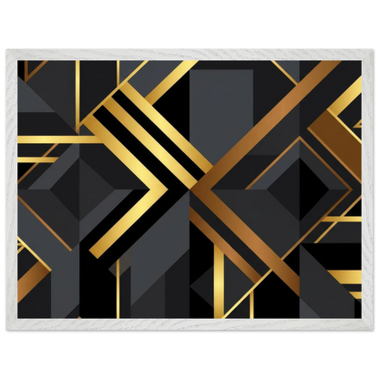 A rectangular abstract art print featuring a modern geometric design with black, dark gray, and metallic gold lines and shapes, framed by a white textured border.