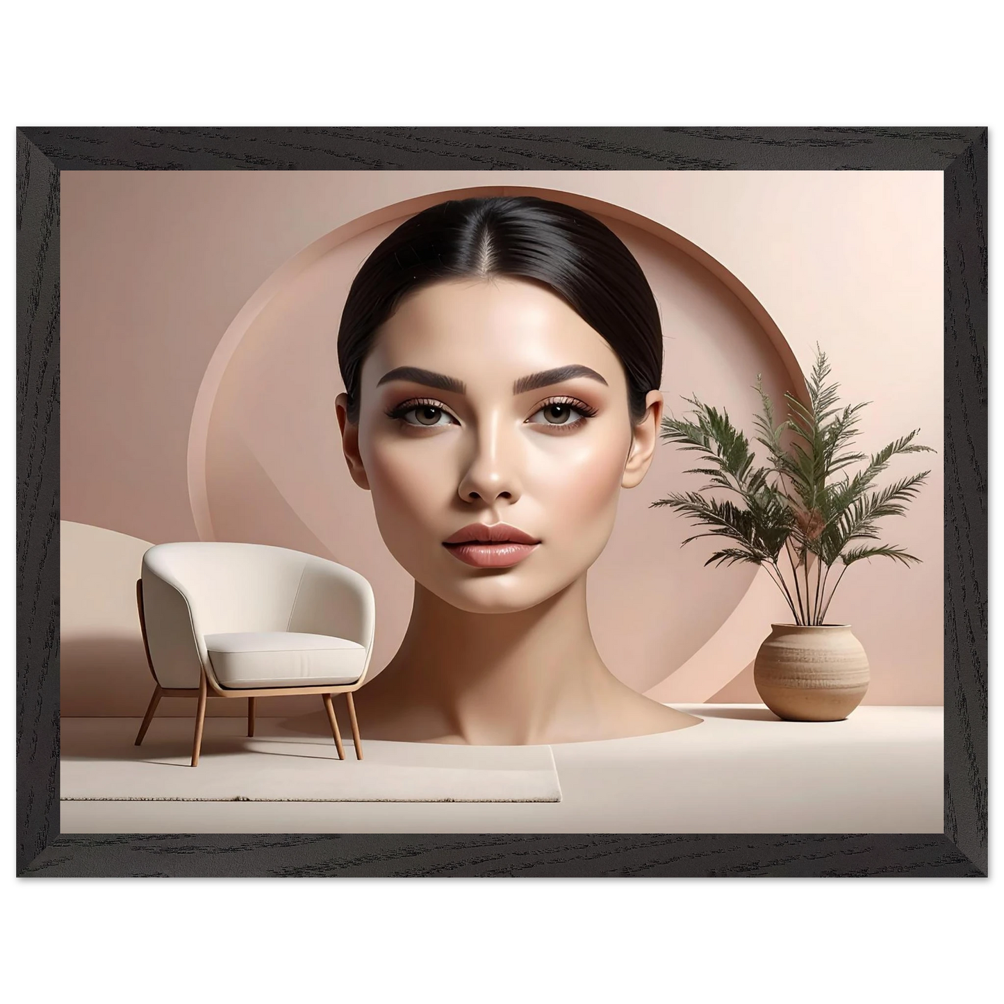 Framed artwork of a woman's face with a minimalistic interior design.