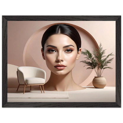 Framed artwork of a woman's face with a minimalistic interior design.