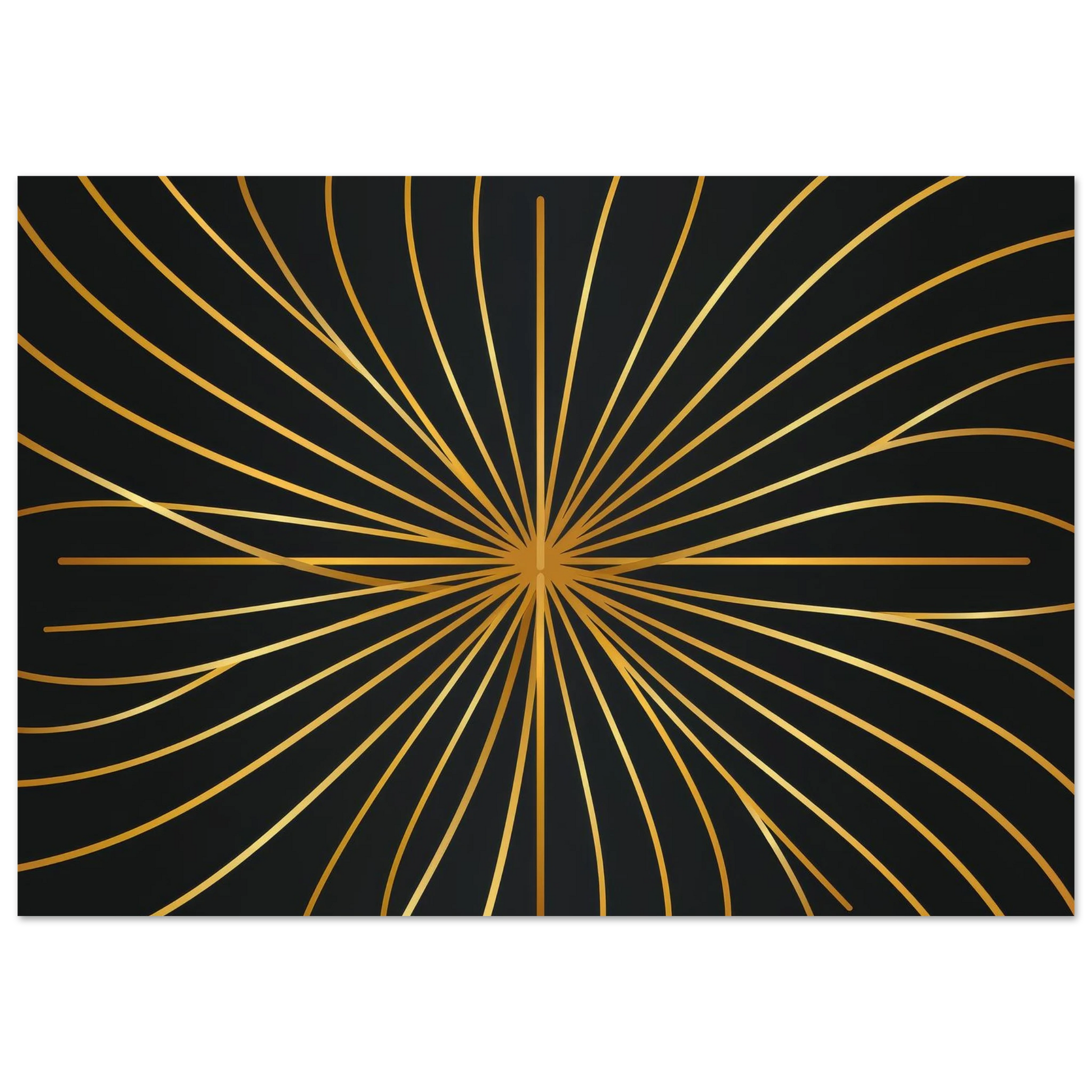 front-facing view of a geometric abstract design with fine gold arcs radiating from a central axis against a matte dark charcoal background.