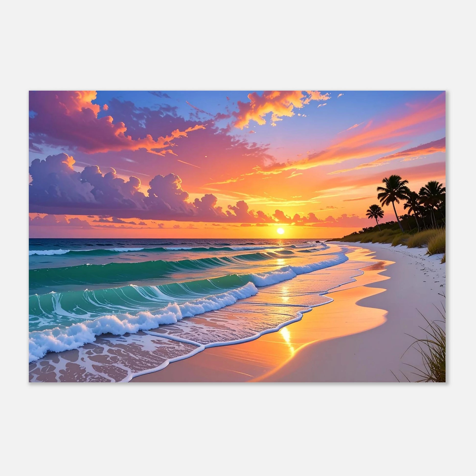 Vibrant coastal sunset over the Gulf Islands with orange and purple skies reflecting on the seashore.