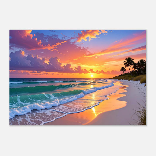 Vibrant coastal sunset over the Gulf Islands with orange and purple skies reflecting on the seashore.