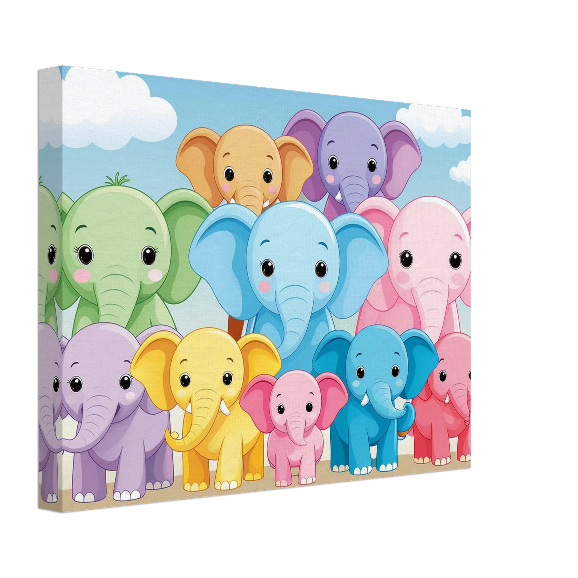 Canvas print with colorful cartoon elephants on a blue sky background
