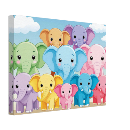 Canvas print with colorful cartoon elephants on a blue sky background