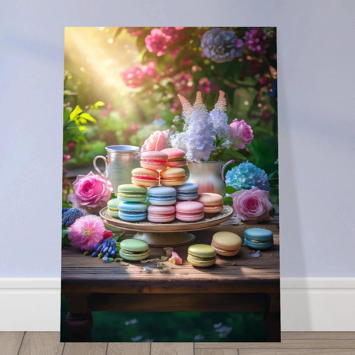 A whimsical still life featuring pastel-colored macarons on a rustic wooden table surrounded by blooming peonies in a sunlit spring garden.