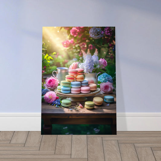 A whimsical still life featuring pastel-colored macarons on a rustic wooden table surrounded by blooming peonies in a sunlit spring garden.